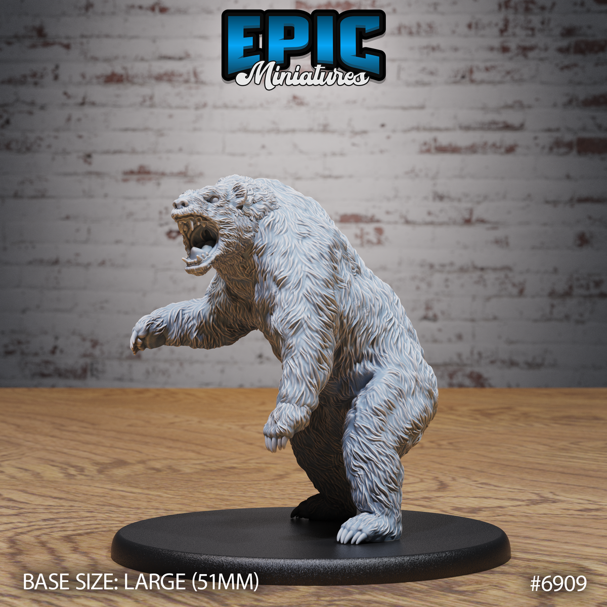 Ferocious polar bear rearing up on hind legs, jaws open wide in a roar, forepaws raised with claws extended, dense shaggy fur sculpted across the whole body. Sculpt by Epic Miniatures.