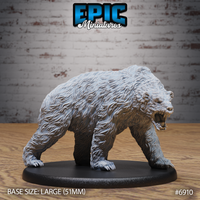 Ferocious bear sculpt in a low charging pose, head thrust forward with jaws wide open in a roar, dense layered fur across the whole body, mounted on a 51mm oval base. By Epic Miniatures.