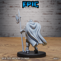 Armoured knight viewed from behind, cape spread wide across the back with deep fabric folds, gauntleted hand gripping a halberd shaft, full plate legs and greaves visible. Sculpt by Epic Miniatures.