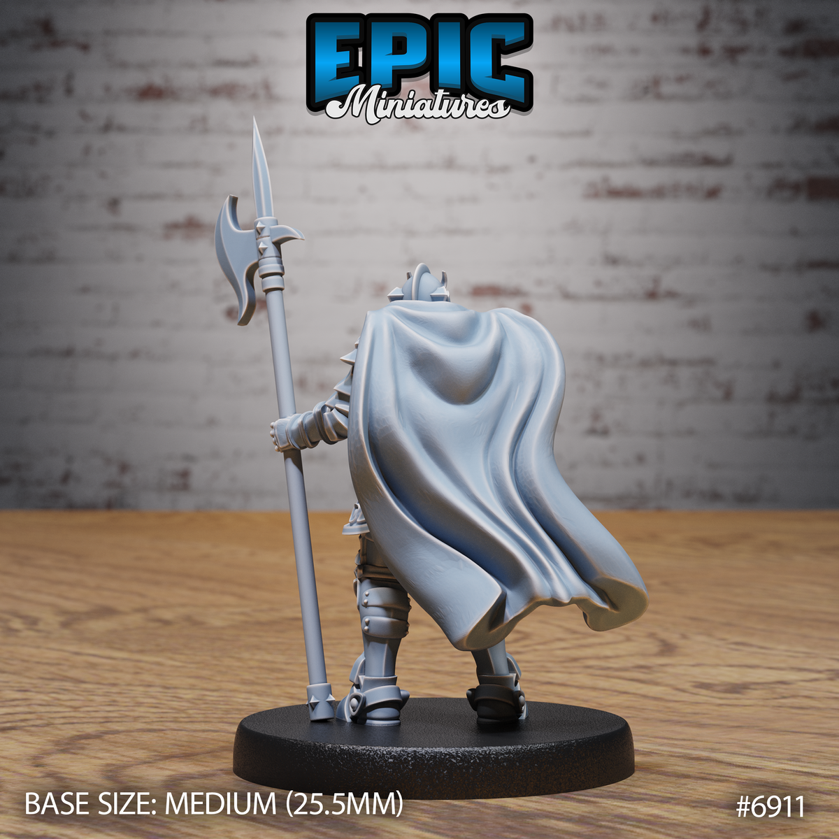 Armoured knight viewed from behind, cape spread wide across the back with deep fabric folds, gauntleted hand gripping a halberd shaft, full plate legs and greaves visible. Sculpt by Epic Miniatures.
