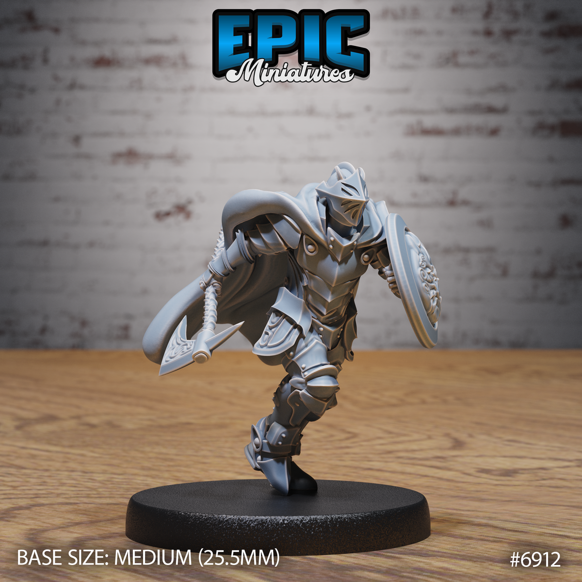 Armoured knight in full plate mid-charge, one knee raised, swinging a broad axe at his side and thrusting an ornate round shield forward, with a flowing cape and plumed visor helmet. Sculpt by Epic Miniatures.