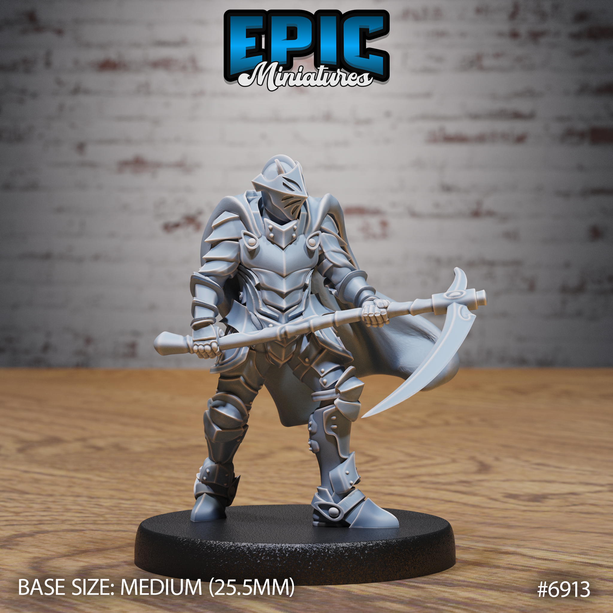 Fully armoured knight in a wide braced stance, gripping a long-hafted scythe with both gauntleted hands, blade sweeping outward. Plate armour with chevron detailing, closed-visor helm, billowing cape. Sculpt by Epic Miniatures.