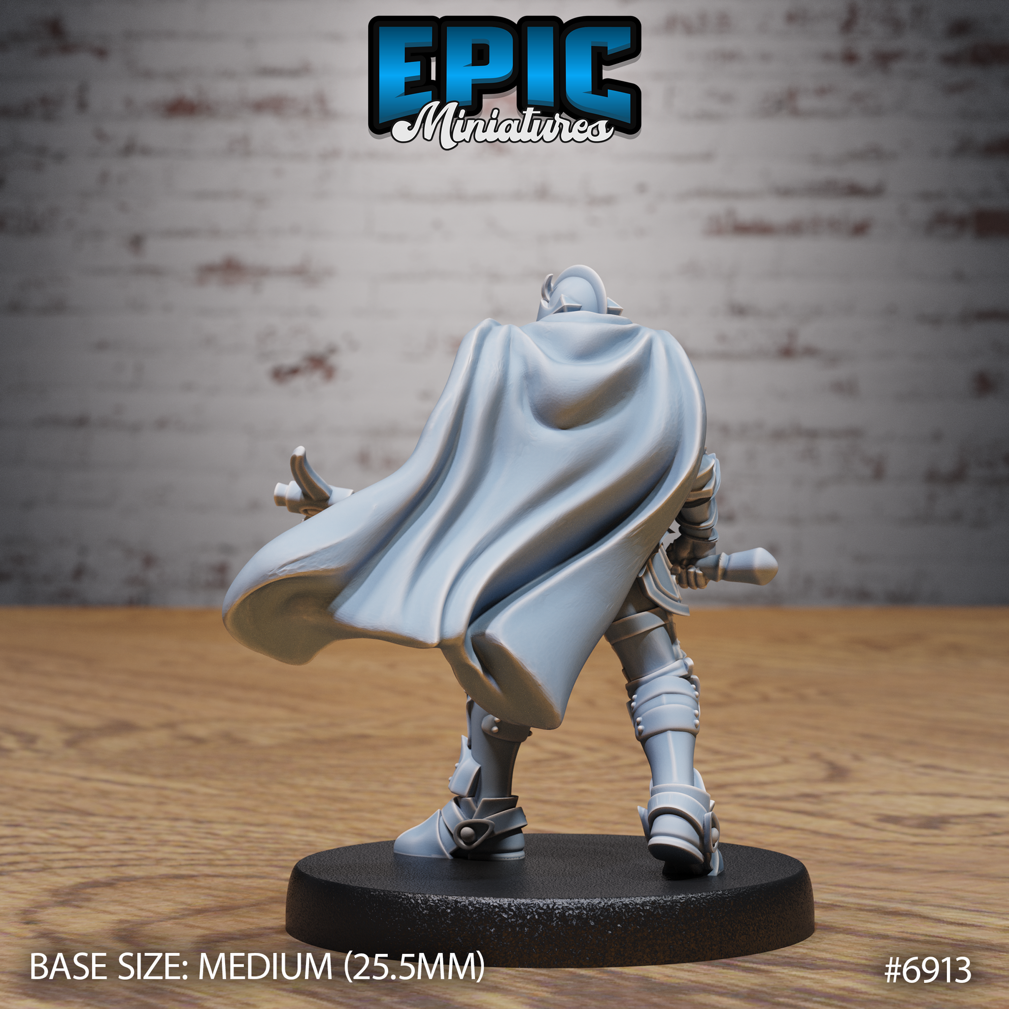 Rear view of the same armoured knight showing a large dramatically flowing cape spread wide behind the figure, articulated plate leg armour, and one gauntleted hand raised slightly at the side. Sculpt by Epic Miniatures.