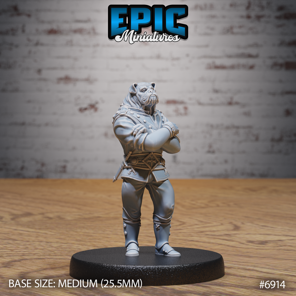 Bulldog-headed humanoid noble standing with arms crossed, wearing a studded doublet with button detailing, wide decorative belt, and knee-high boots. A dagger is visible at the hip. Sculpt by Epic Miniatures.