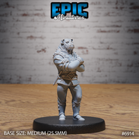 Bulldog-headed humanoid noble standing with arms crossed, wearing a studded doublet with button detailing, wide decorative belt, and knee-high boots. A dagger is visible at the hip. Sculpt by Epic Miniatures.