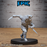 Dog-folk noble leaning into a lunge, right arm raised with a throwing knife, left hand low with a second blade, wearing a buttoned jacket over studded leather strapping. Sculpt by Epic Miniatures.
