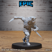 Dog-folk noble leaning into a lunge, right arm raised with a throwing knife, left hand low with a second blade, wearing a buttoned jacket over studded leather strapping. Sculpt by Epic Miniatures.