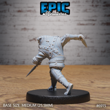 Dog-folk noble in a driving forward stance, jacket showing crossed leather straps and studded detailing across the back, both hands gripping blades at different heights. Sculpt by Epic Miniatures.
