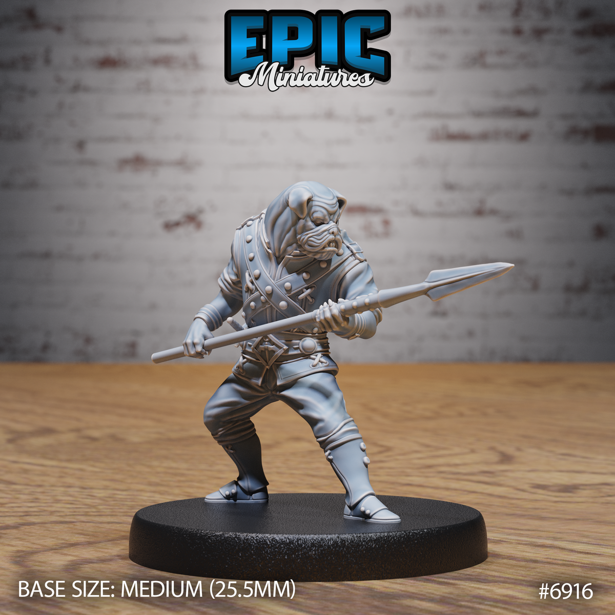 Dog-folk noble miniature shown from behind, gripping a spear with both hands in a low fighting stance, wearing a studded doublet with cross-laced buttons and wrapped bracers. Sculpt by Epic Miniatures.