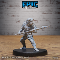 Dog-folk noble miniature shown from behind, gripping a spear with both hands in a low fighting stance, wearing a studded doublet with cross-laced buttons and wrapped bracers. Sculpt by Epic Miniatures.