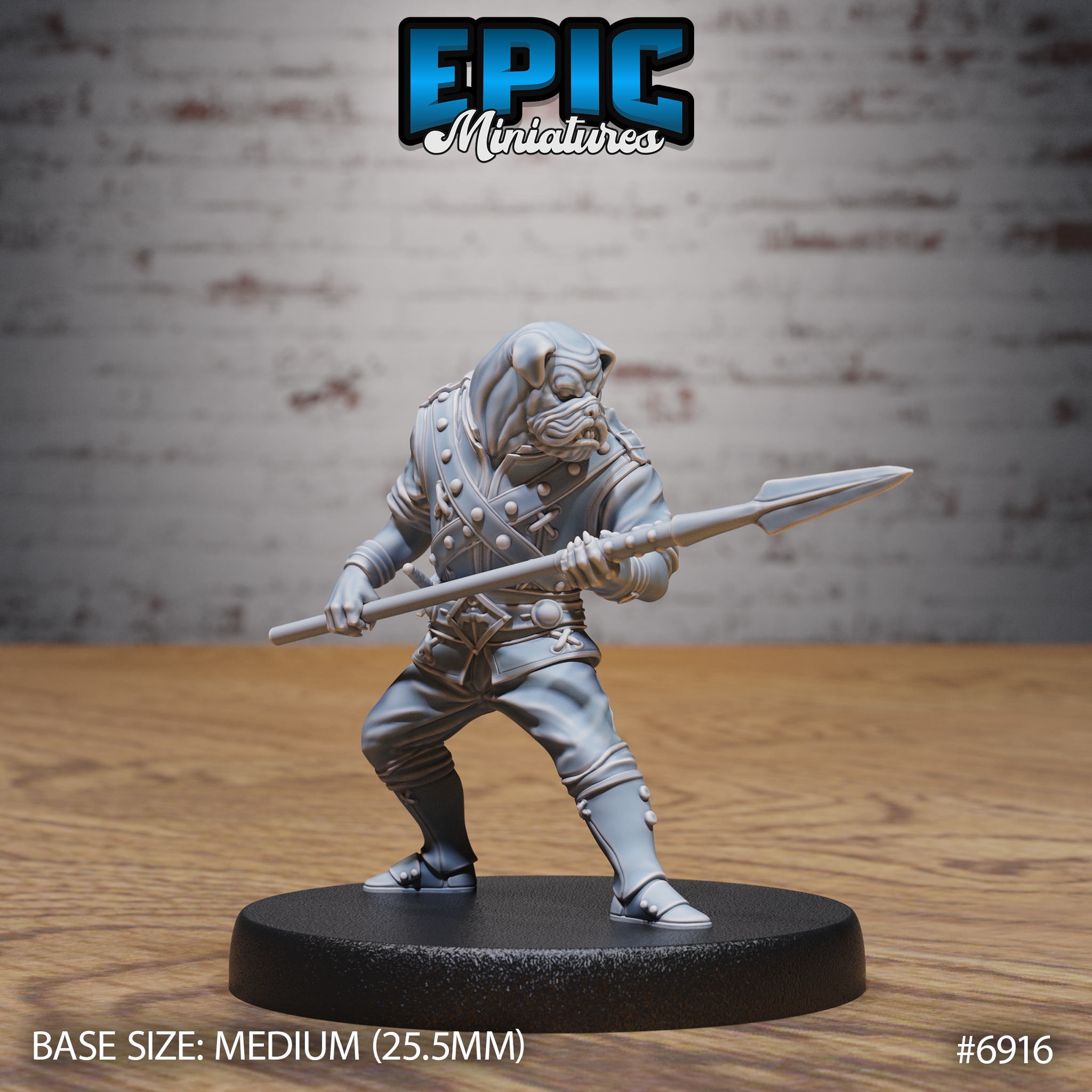 Dog-folk noble miniature shown from behind, gripping a spear with both hands in a low fighting stance, wearing a studded doublet with cross-laced buttons and wrapped bracers. Sculpt by Epic Miniatures.