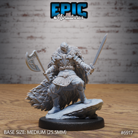 Armoured warrior standing on an icy rock base, holding a knotwork battleaxe in the left hand and a longsword in the right, wearing engraved plate and a vast layered feather war-cloak. Sculpt by Epic Miniatures.