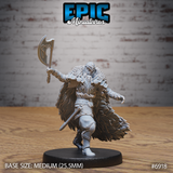 Armoured warrior mid-charge, one arm raised high holding a broad knotwork-engraved axe, wearing plate armour with chainmail and a sweeping layered raven-feather cloak. Sculpt by Epic Miniatures.