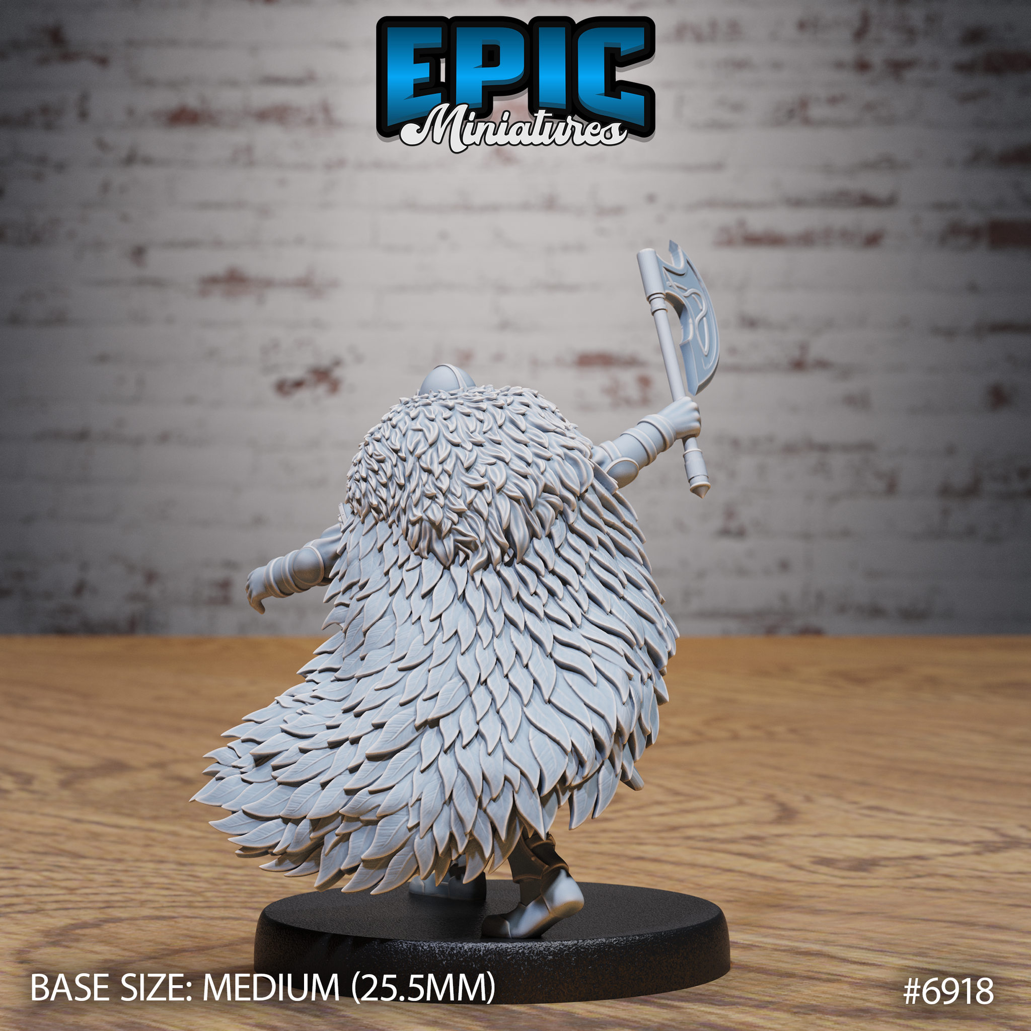 Raven-feather cloak shown in full from behind — densely layered overlapping feathers from shoulders to base, warrior's axe raised to one side, visor helm visible above the billowing cloak. Epic Miniatures sculpt.