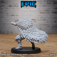 Rage Knight Mockery by Epic Miniatures — crouching armoured knight with feathered cloak, bearded helmeted face, pointing one arm forward, chainmail skirt and articulated plate armour, sword at hip, on a flat round base.