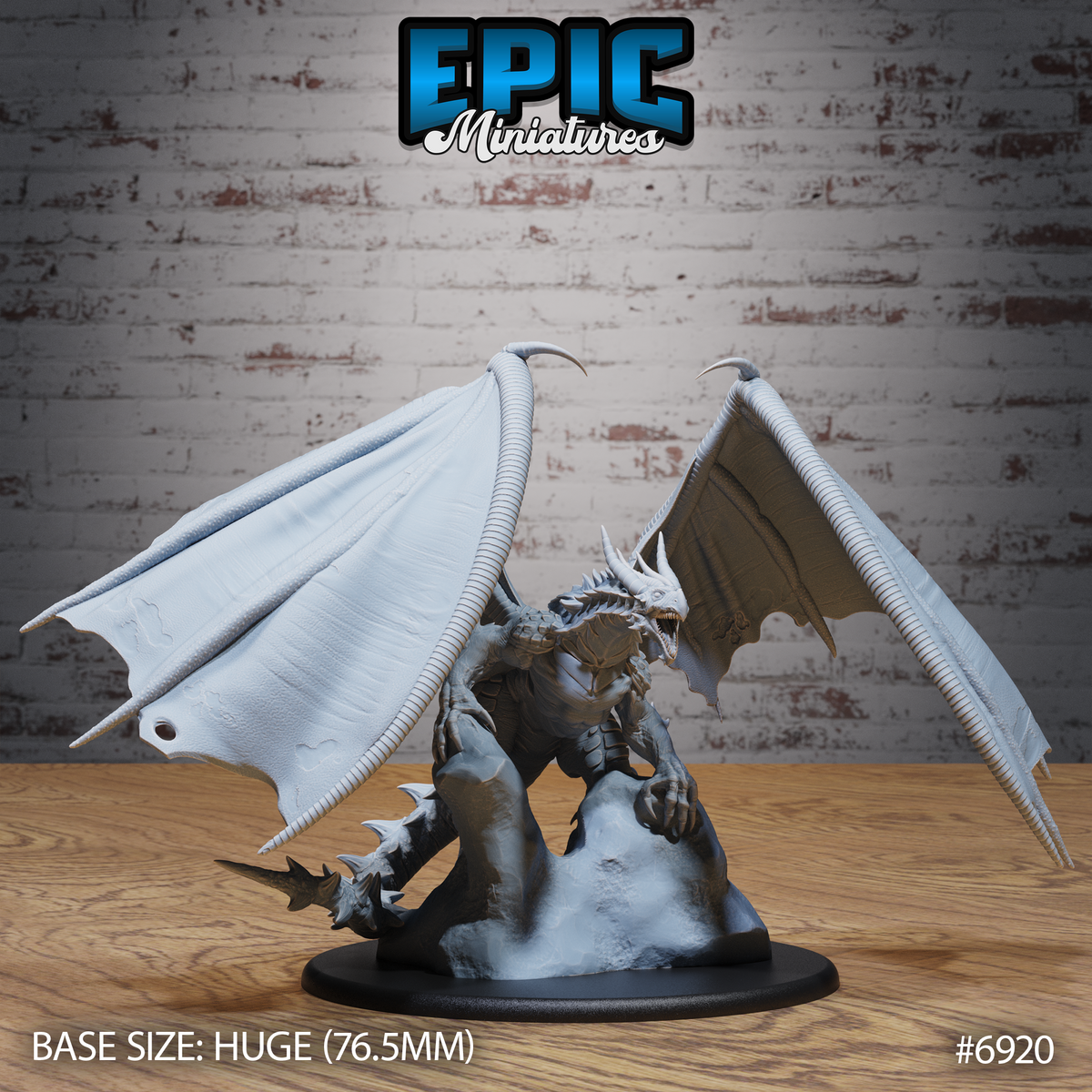Castle Dragon by Epic Miniatures: large winged dragon rearing upright on a rocky base, wings fully spread, jaws open in a roar, heavily armoured scales across chest and neck, curling horns above the head.