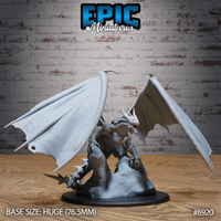 Castle Dragon by Epic Miniatures: large winged dragon rearing upright on a rocky base, wings fully spread, jaws open in a roar, heavily armoured scales across chest and neck, curling horns above the head.