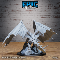 Castle Dragon by Epic Miniatures: rear and underside view showing the dragon low over a rocky crag base, broad ribbed wings raised wide, long barbed tail visible, rows of dorsal spines running down the back and neck.