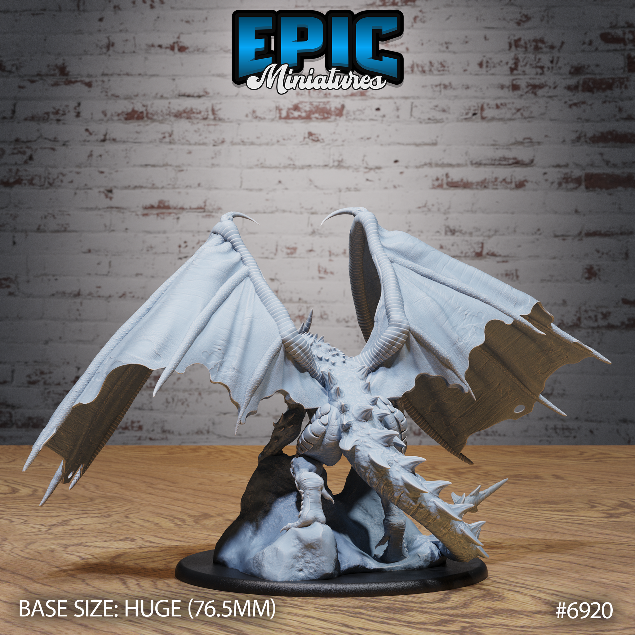 Castle Dragon by Epic Miniatures: rear and underside view showing the dragon low over a rocky crag base, broad ribbed wings raised wide, long barbed tail visible, rows of dorsal spines running down the back and neck.