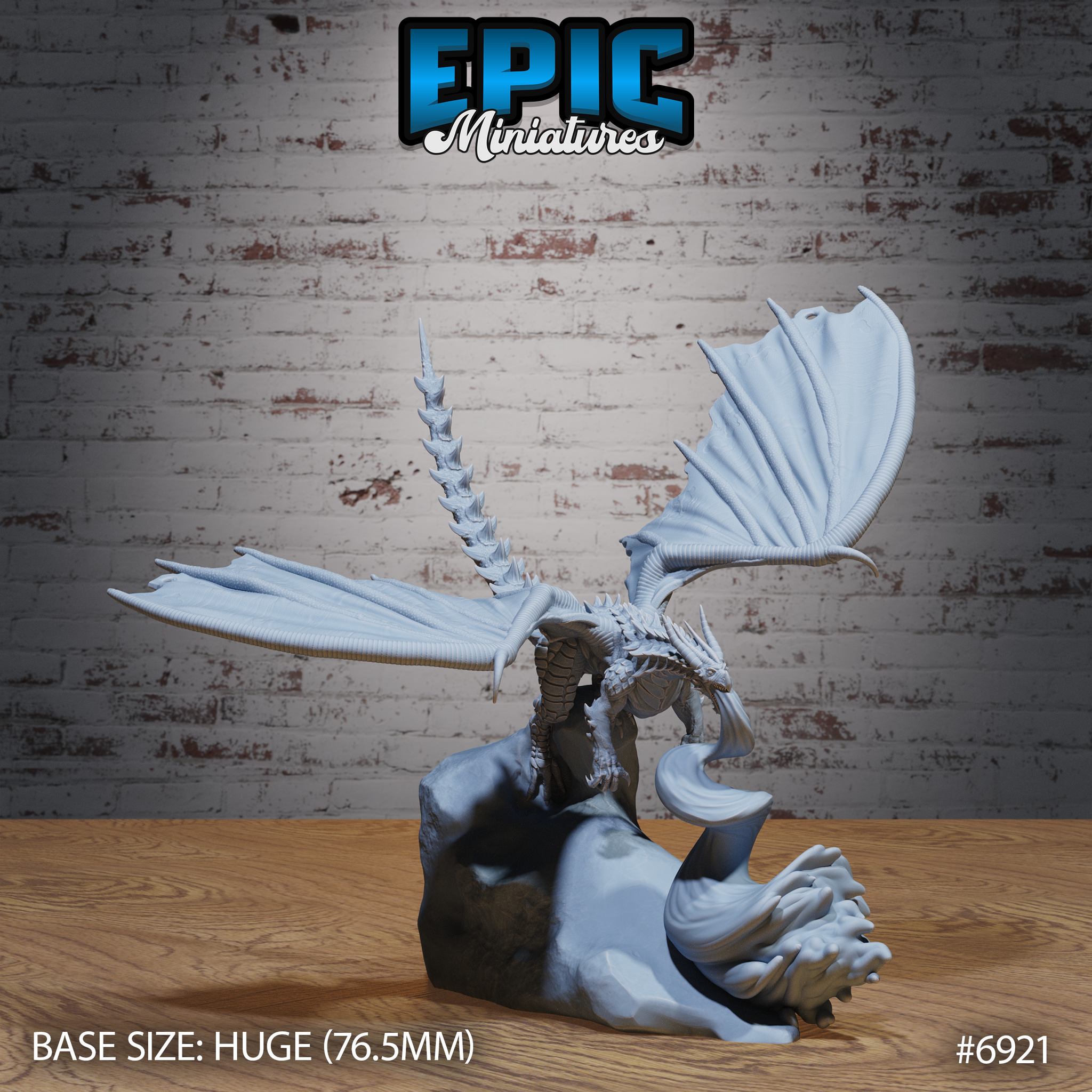 Castle Dragon Firebreath by Epic Miniatures — dragon rearing upward, barbed segmented tail curving overhead, wings spread wide, perched on a craggy sculpted rock base.