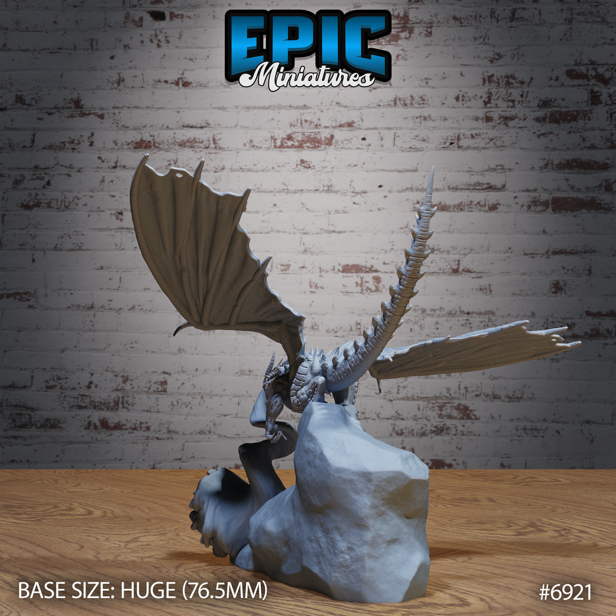 Castle Dragon Firebreath by Epic Miniatures — rear angle showing broad membranous wings with ribbed struts, armoured spine, and long sinuous neck lowered toward the rocky scenic base.