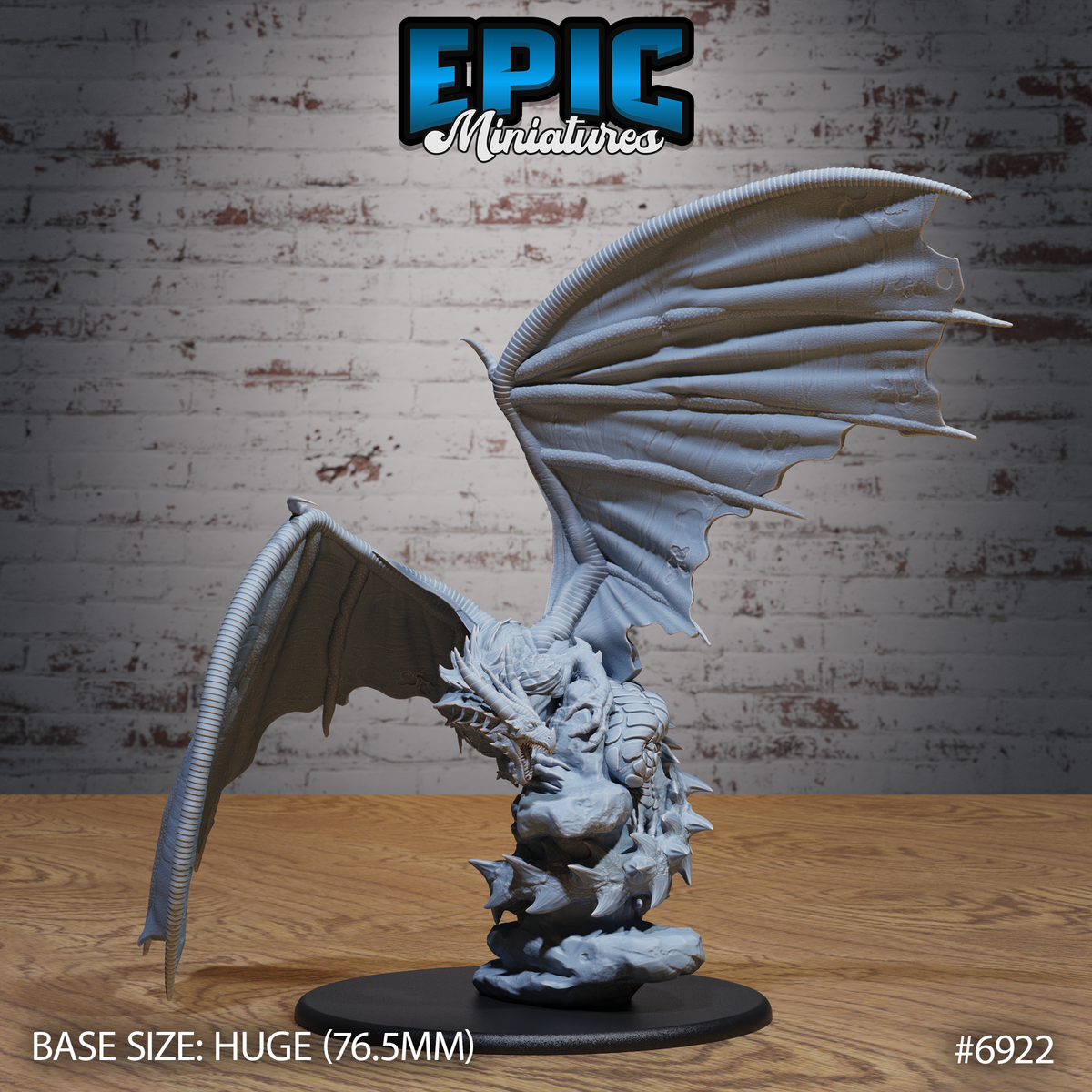 Snarling dragon with wings fully spread, jaws open wide, body coiled low over a rocky crag base — long ribbed wing spines arc overhead. Sculpt by Epic Miniatures.