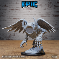 Winged clockwork creature with a large Roman-numeral clock face for a torso, two segmented mechanical arms ending in skeletal claws reaching forward, feathered wings spread wide, horns above the clock dial, crouching on a rocky base. Sculpt by Epic Miniatures.