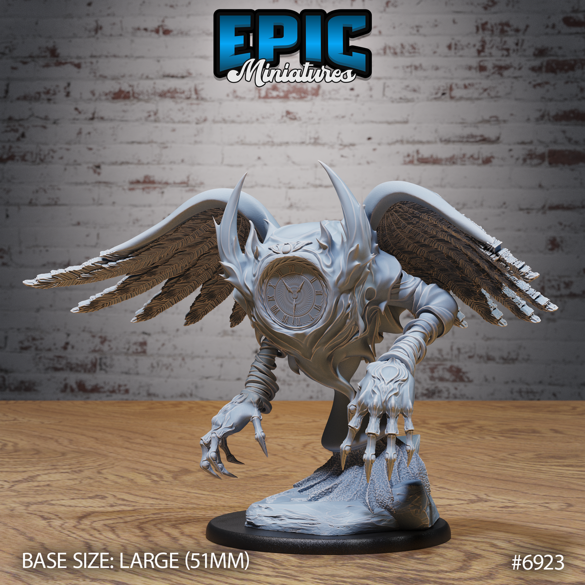 Winged clockwork creature with a large Roman-numeral clock face for a torso, two segmented mechanical arms ending in skeletal claws reaching forward, feathered wings spread wide, horns above the clock dial, crouching on a rocky base. Sculpt by Epic Miniatures.