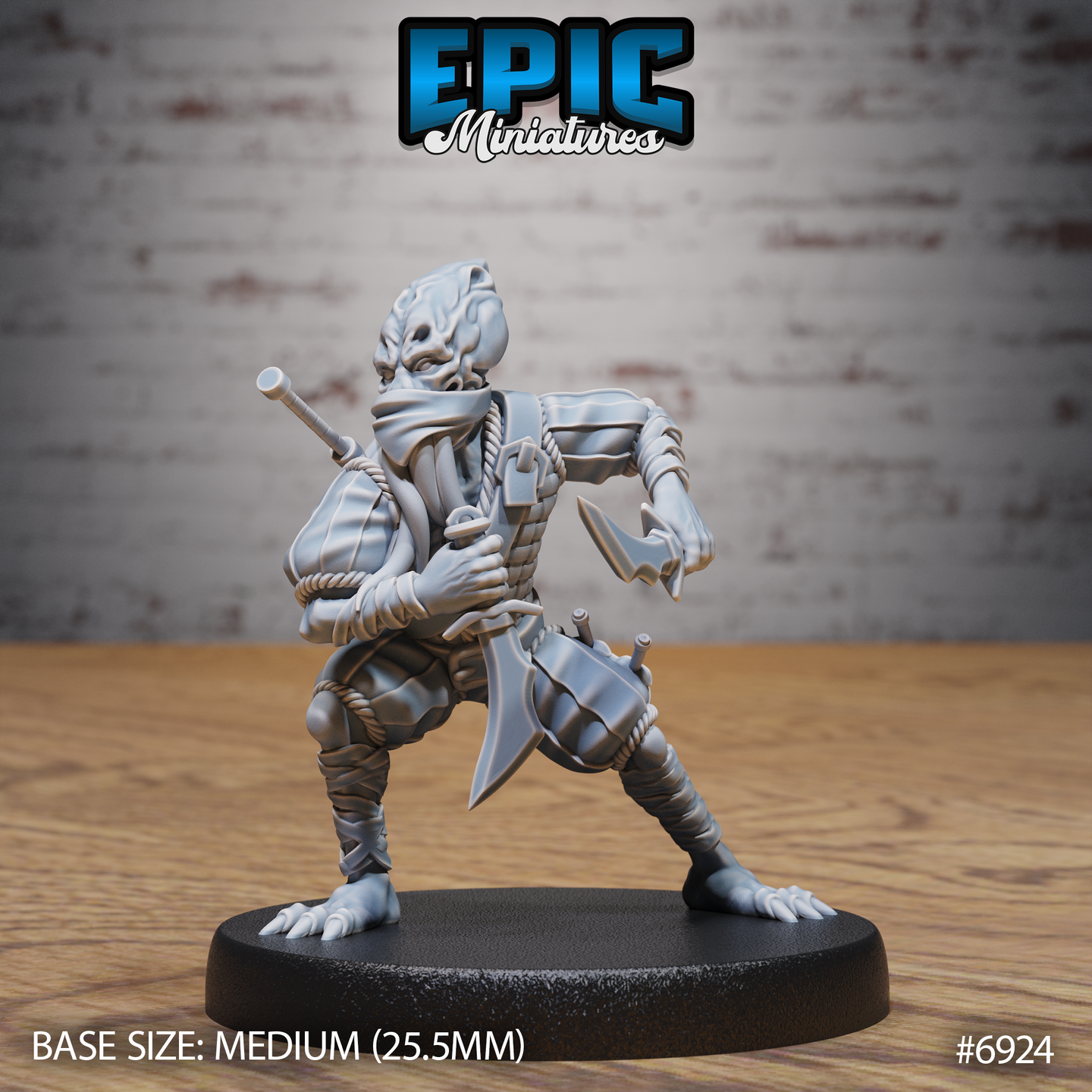 Mind Eater Assassin by Epic Miniatures — wide combat stance, one hooked blade raised and gripped close, cloth-wrapped tentacled face, rope-bound limbs and layered pouches, clawed bare feet.