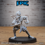 Mind Eater Assassin by Epic Miniatures — wide combat stance, one hooked blade raised and gripped close, cloth-wrapped tentacled face, rope-bound limbs and layered pouches, clawed bare feet.