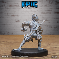Mind Eater Assassin by Epic Miniatures — viewed from behind, a bladed weapon slung across the back, rope-wrapped torso and legs visible, coiled fighting stance with hooked blade extended to one side.