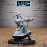 Mind Eater Artificer by Epic Miniatures — illithid figure in a wide braced stance, aiming a large multi-barrelled arcane cannon forward, wearing heavy draped robes with a gear emblem at the hem.