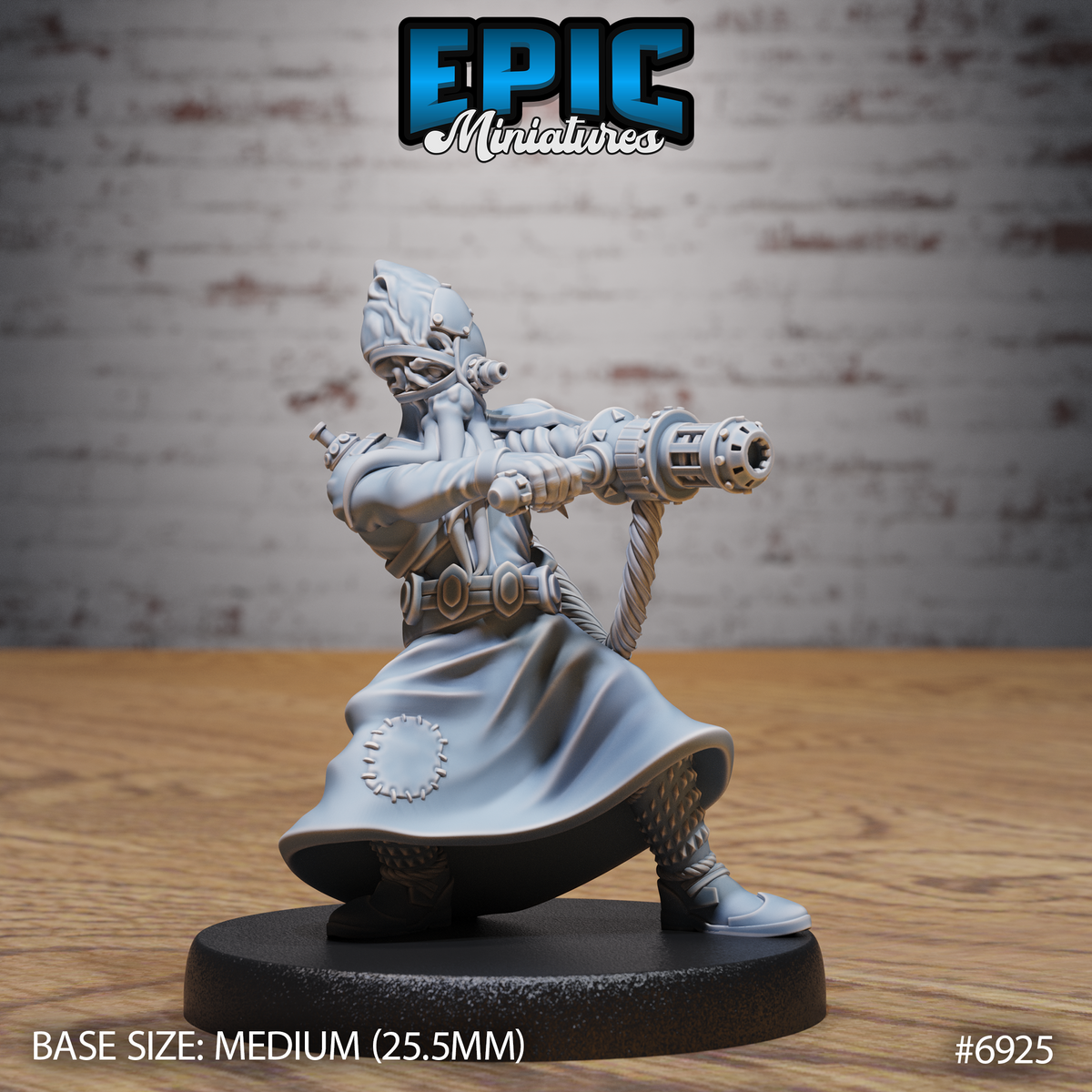 Mind Eater Artificer by Epic Miniatures — illithid figure in a wide braced stance, aiming a large multi-barrelled arcane cannon forward, wearing heavy draped robes with a gear emblem at the hem.