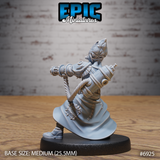 Mind Eater Artificer by Epic Miniatures — rear view showing coiled cable conduit, pressurised canister fitted to the cannon stock, stitched robe patches, quilted armour sections, and braided leg wrappings.