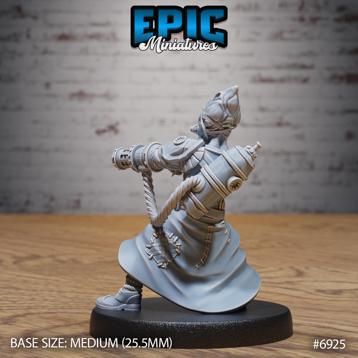 Mind Eater Artificer by Epic Miniatures — rear view showing coiled cable conduit, pressurised canister fitted to the cannon stock, stitched robe patches, quilted armour sections, and braided leg wrappings.