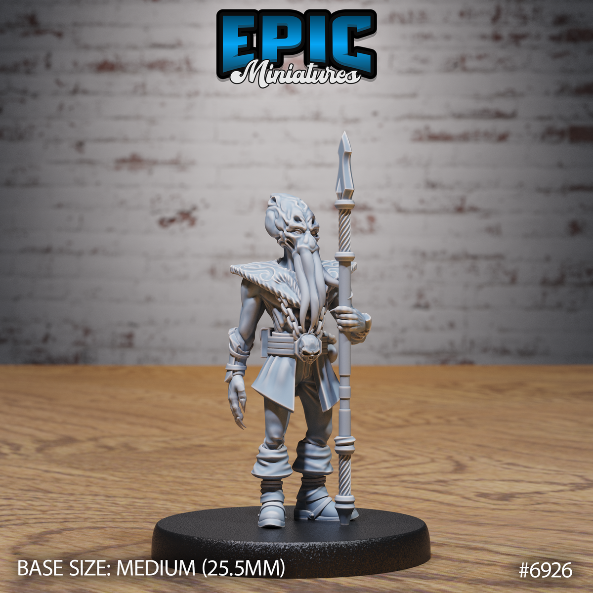 Tentacle-faced illithid guard standing upright, holding a tall twisted-shaft spear with a crystalline tip, wearing engraved pauldrons and a skull-buckled belt. Sculpt by Epic Miniatures.