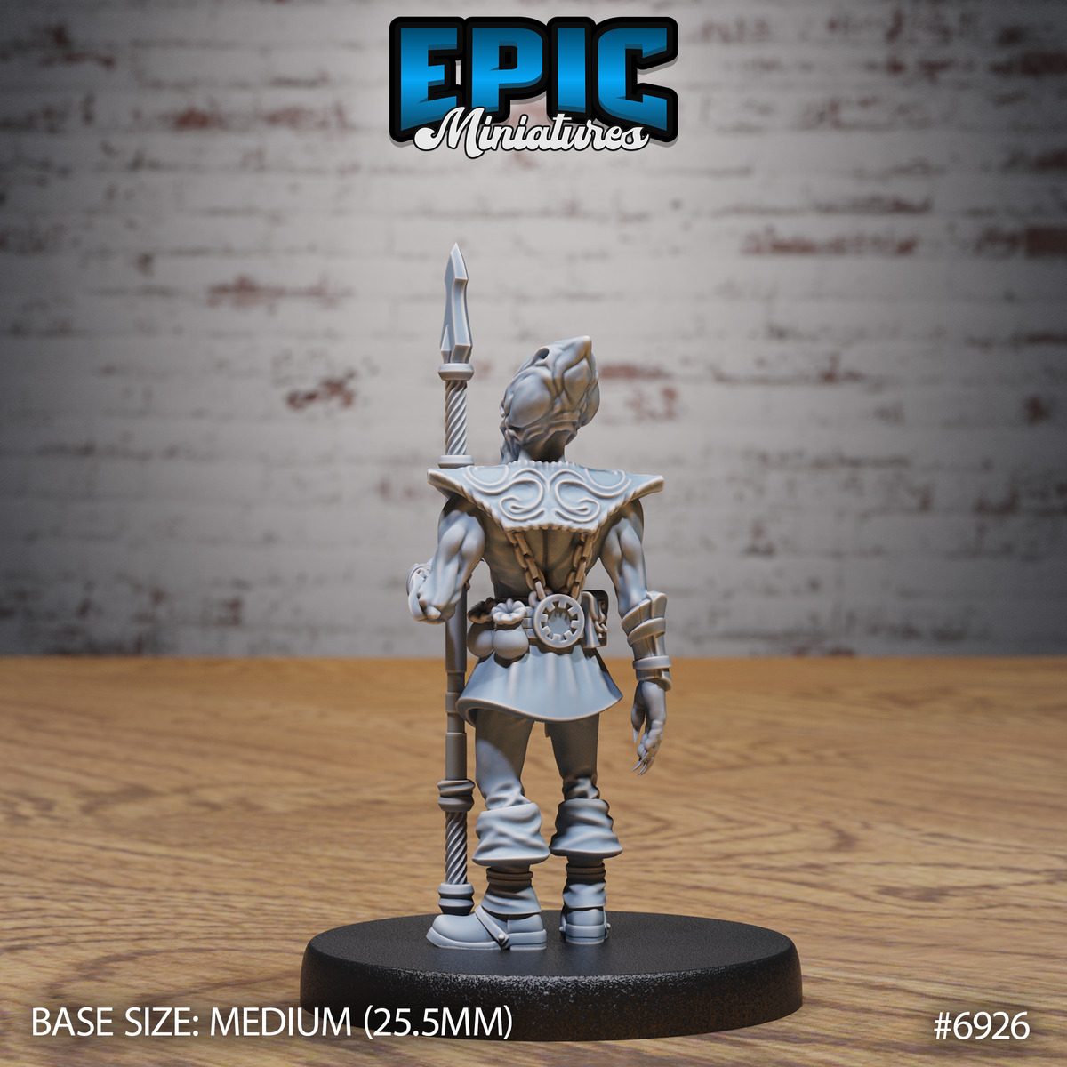 Illithid guard seen from behind, showing engraved swirling patterns across wide armoured pauldrons, a belt with wheel medallion, and wrapped lower legs. Sculpt by Epic Miniatures.
