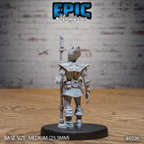 Illithid guard seen from behind, showing engraved swirling patterns across wide armoured pauldrons, a belt with wheel medallion, and wrapped lower legs. Sculpt by Epic Miniatures.
