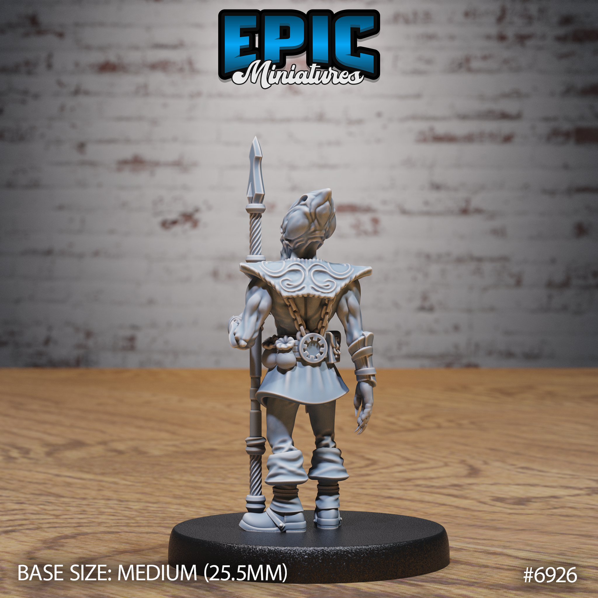 Illithid guard seen from behind, showing engraved swirling patterns across wide armoured pauldrons, a belt with wheel medallion, and wrapped lower legs. Sculpt by Epic Miniatures.