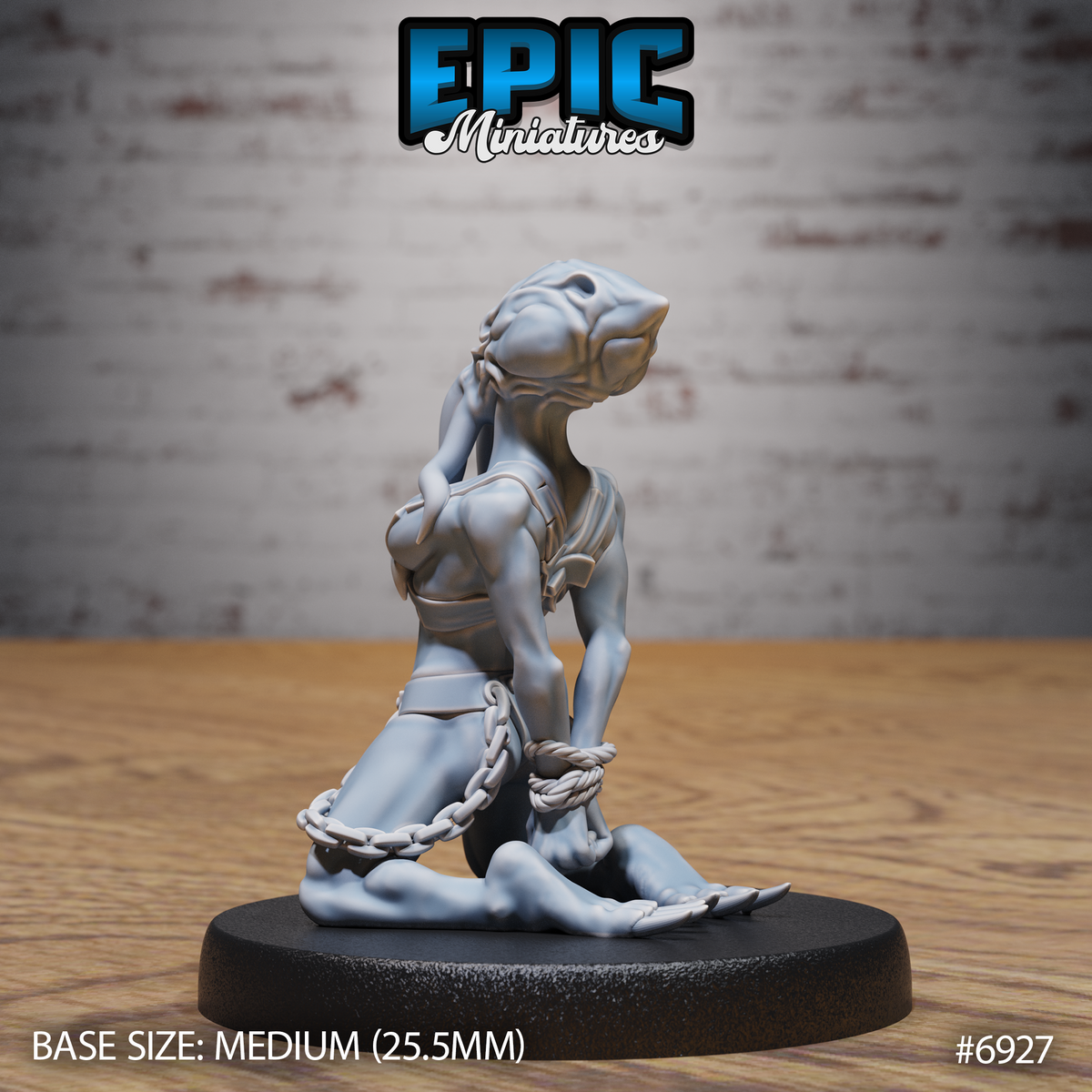 Kneeling thrall miniature seen from the side, showing rope bindings around the legs and chains at the waist, smooth alien head tilted back, arms raised slightly, by Epic Miniatures.