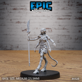 Lizardfolk warrior striding forward, holding a broad leaf-bladed ceremonial spear aloft in one hand, wearing layered wrappings, engraved leather armour panels, and wrist bindings, long tail trailing behind. Sculpt by Epic Miniatures.
