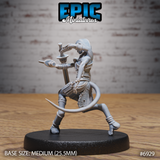 Reptilian female warrior crouched low with sword raised overhead in a striking grip, tail curled behind, wearing shin guards and fabric leg wrappings. Sculpt by Epic Miniatures.