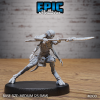 Lithe masked warrior in a wide forward lunge, thrusting a long slender spear at full extension. Wrapped clothing, scale-textured panels, trailing waist cloth, and pouched belt. Sculpt by Epic Miniatures.