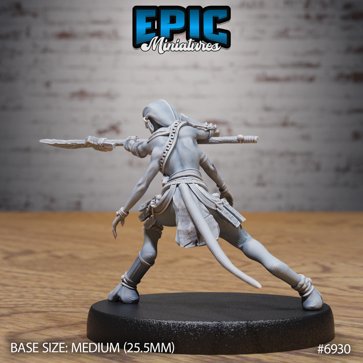 Same masked plane traveler seen from behind, spear extended horizontally at shoulder height, revealing detailed back wrappings, trailing waist cloth, and bandaged ankle bindings. Sculpt by Epic Miniatures.