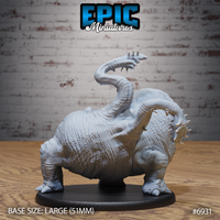 Otyugh Classic by Epic Miniatures — rear and side view showing the heavily textured scaled flanks, wrinkled torso folds, and the long sinuous tentacle arching upward with a toothed tip, four clawed feet planted on a round base.