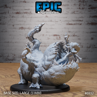 Otyugh miniature by Epic Miniatures: bloated scaled body crouched low, two spined tentacles raised, wide toothy maw clutching a small struggling figure, on a 51mm oval base.
