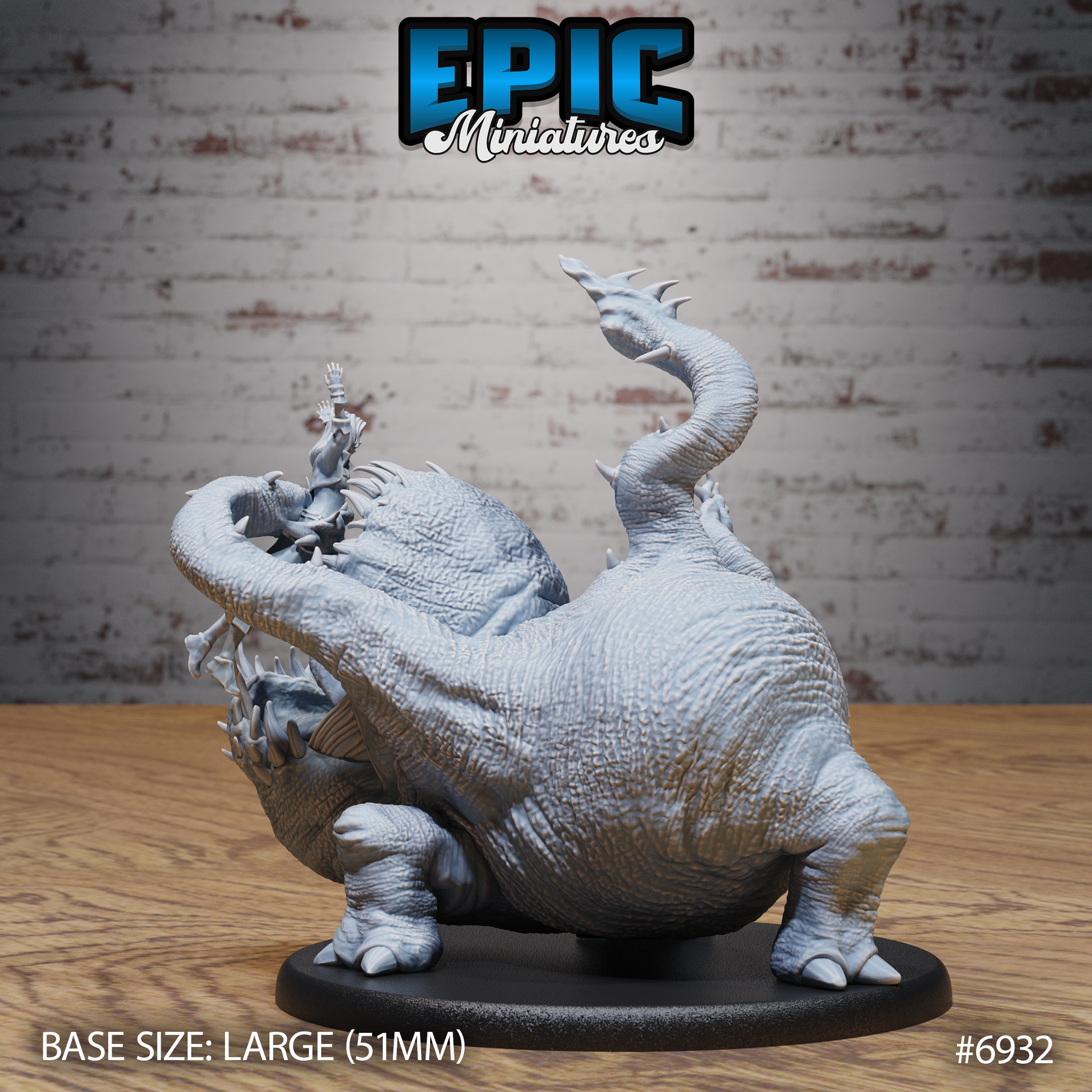 Otyugh miniature by Epic Miniatures viewed from the opposite side: broad warty back, coiling ridged tentacle raised high, gaping jaw open wide with jagged teeth, squat reptilian legs visible.
