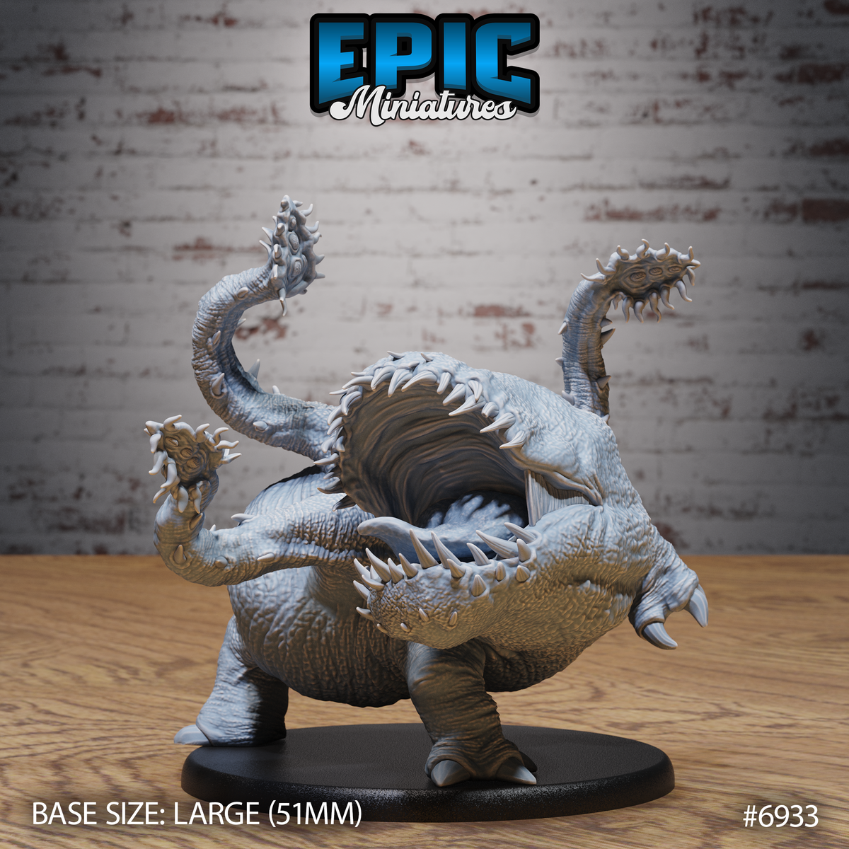 Otyugh miniature by Epic Miniatures, large bloated body lunging forward with gaping spiral-toothed maw wide open, three barbed tentacles raised high with eye-tipped ends, heavy spined hide, on a 51mm base.