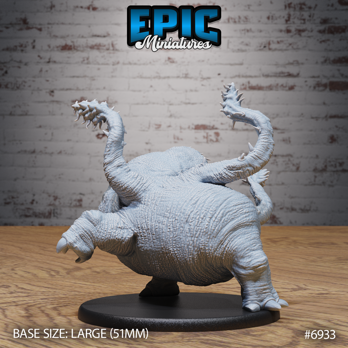 Otyugh miniature by Epic Miniatures seen from behind, showing heavily textured scaled hide covering the broad rounded body mass, two spined tentacles arching upward, stocky clawed legs, on a 51mm oval base.