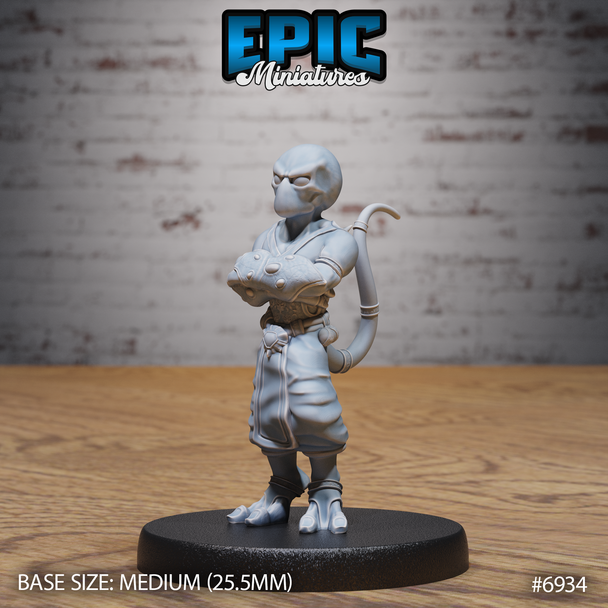 Grey-skinned doppelganger miniature standing upright, cradling a creature mask at chest height, wearing segmented torso armour, loose trousers, and a belted sash, with a curved tail rising behind. Sculpt by Epic Miniatures.